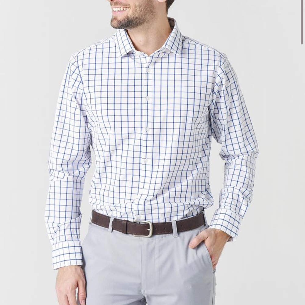 MIZZEN+MAIN Men’s Leeward Button-Down Shirt in white navy window pane plaid XXL